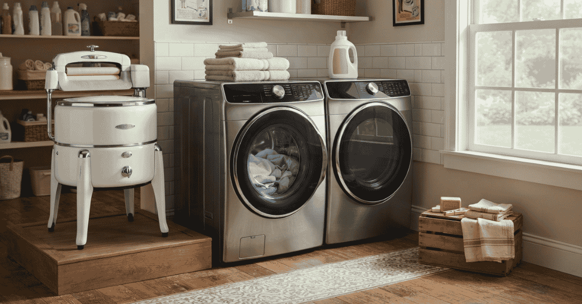 Keyword: Washing Machines That Changed Laundry Day

Create a high quality image 1200×628 px for the featured image of the website above the keyword.

 When creating a featured image, you should add the following things to the image: 

1/ Do not use any text in the image.
2/ Highlight the topic in the keyword in the image. 
3/ Create a featured image that looks like the spot you would see if you took the picture yourself.